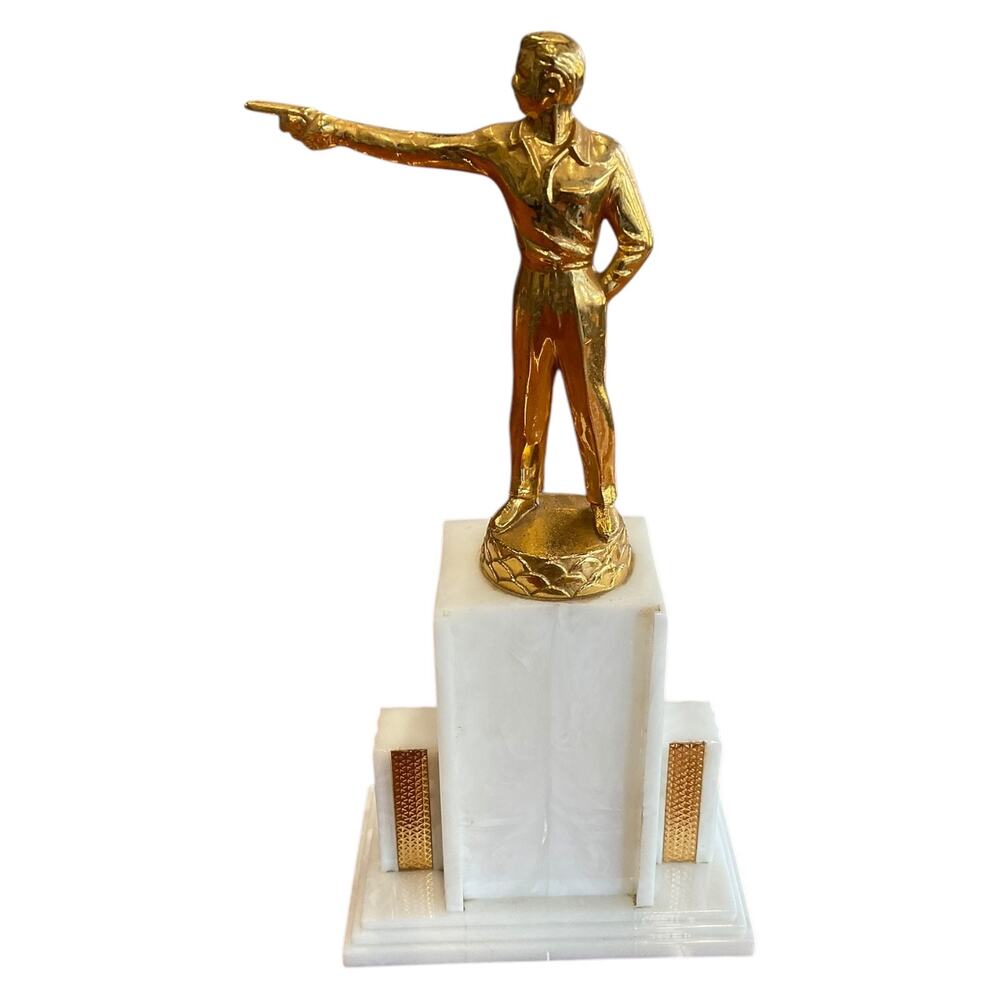 Vintage Male Shooting Trophy‎ Gold Marksman on White Art Deco Plastic Base